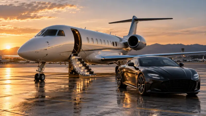 Business-Jet mit Premiumfahrzeug auf dem Vorfeld