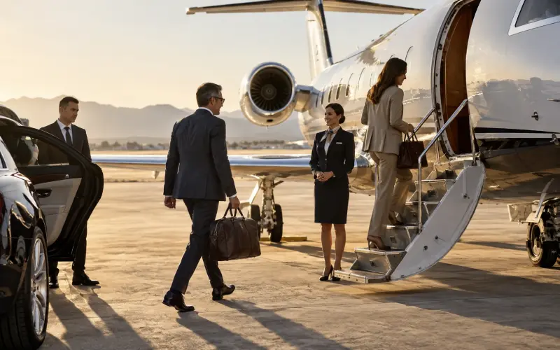 Geschäftsreisende an einem privaten Flugterminal
