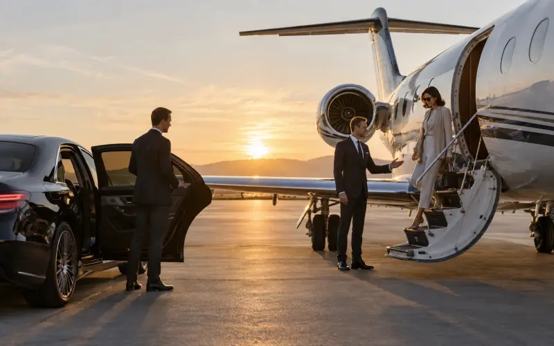 Privates Flugzeug und Fahrzeug bei einer koordinierten Übergabe